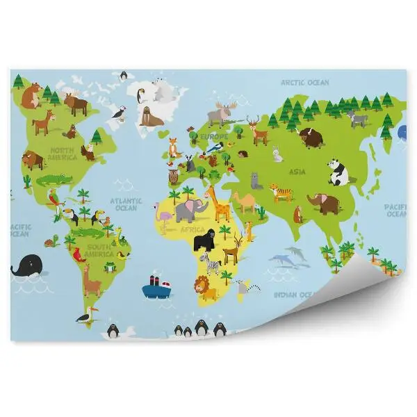 Fototapeta na zeď Zábavná mapa světa s tradičními zvířaty ze všech kontinentů a oceánů