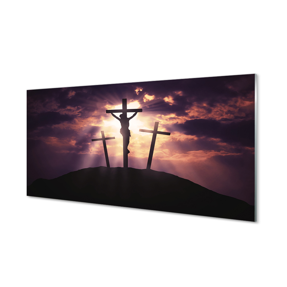 Luxusní skleněný obraz Ježíš tři kříže na kopci
