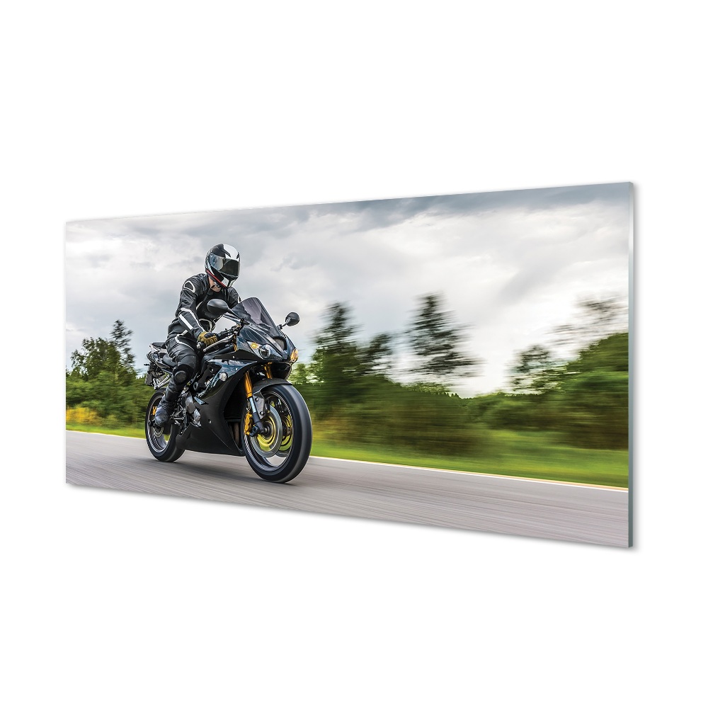 Moderní skleněný obraz Motorka a motocyklista strom silnice