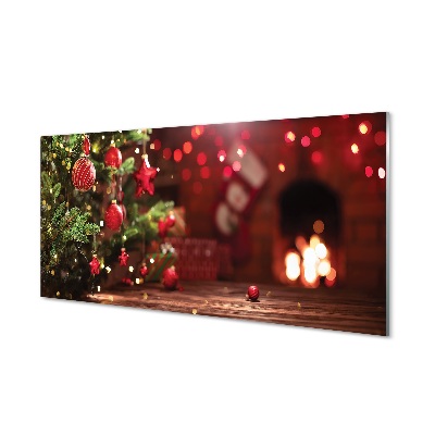 Skleněný obraz na stěnu Vánoční stromek na pozadí krbu