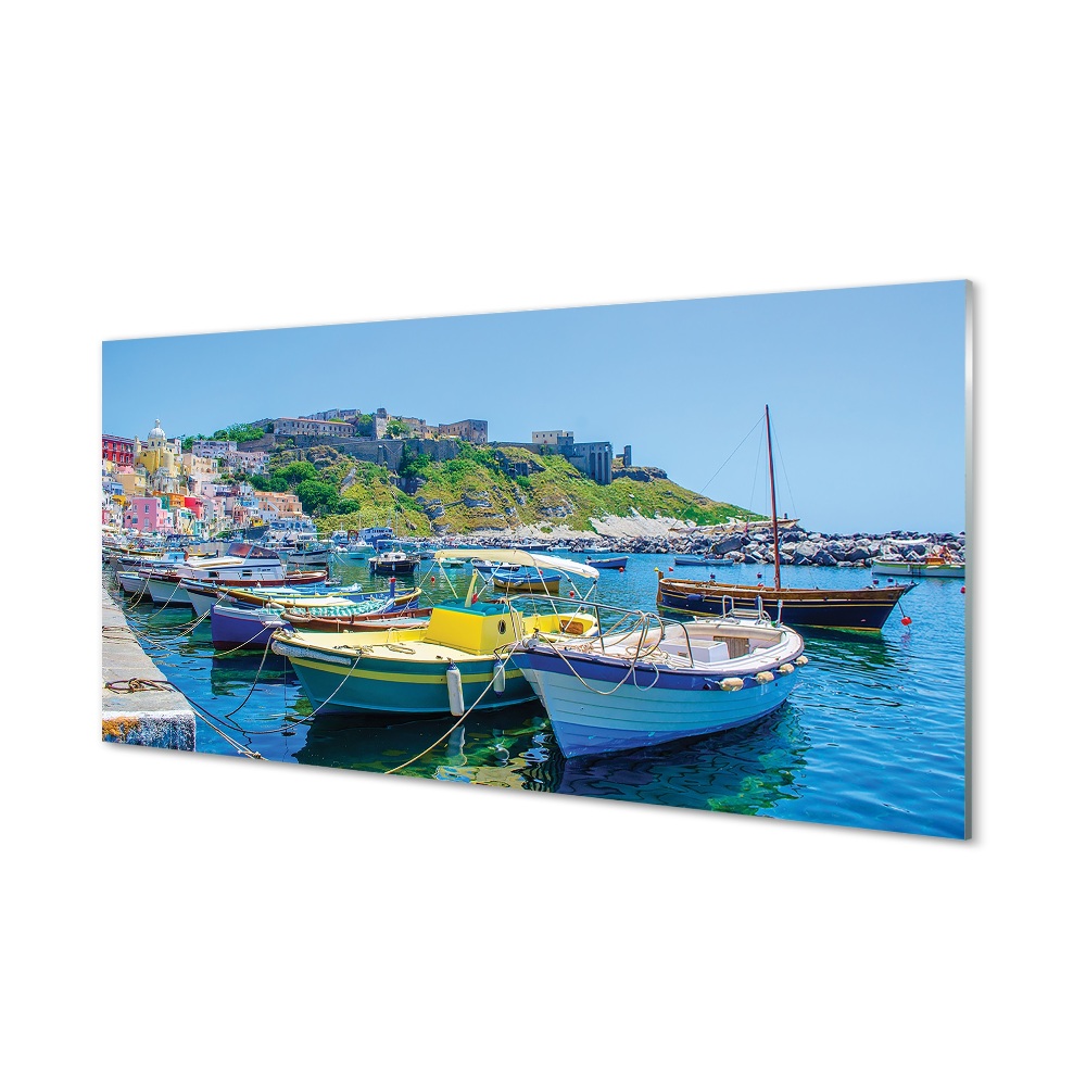 Luxusní skleněný obraz Lodě v přístavu zelený kopec