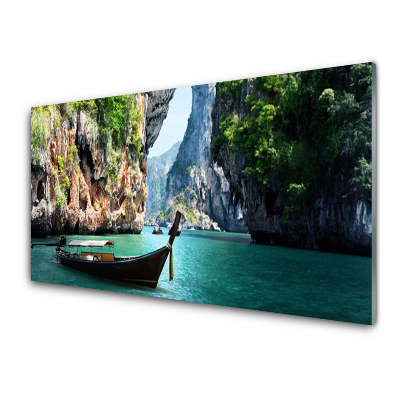 Skleněný obraz na stěnu Loď Jezero Skály Krajina