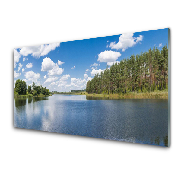 Obraz ze skla Jezero Lesní modrá obloha