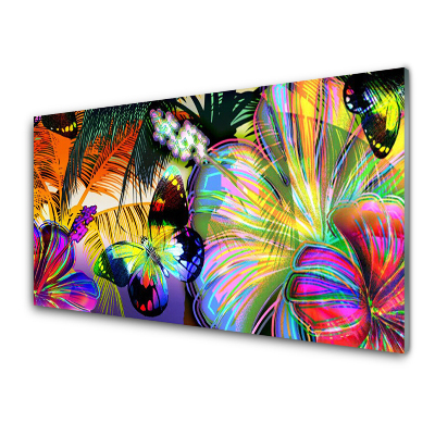 Skleněný obraz Duhoví motýli a květy