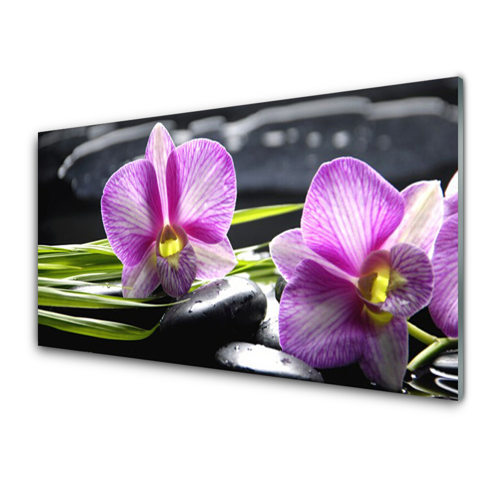 Luxusní skleněný obraz Fialové orchideje Zenové lázně kameny
