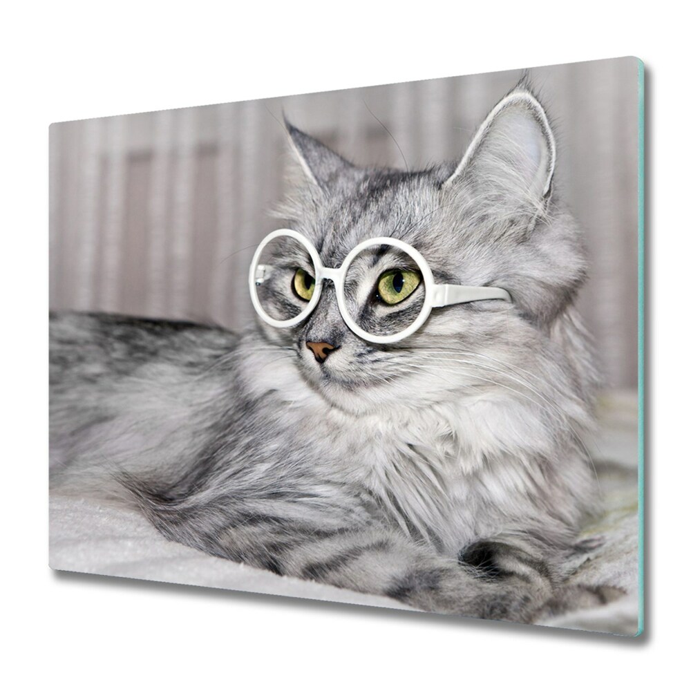 Krájecí prkénko skleněné Šedá kočka s brýlemi