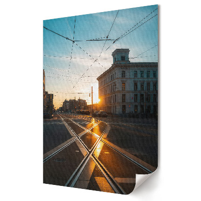 Plakát na zeď Západ slunce nad tramvajovými kolejemi