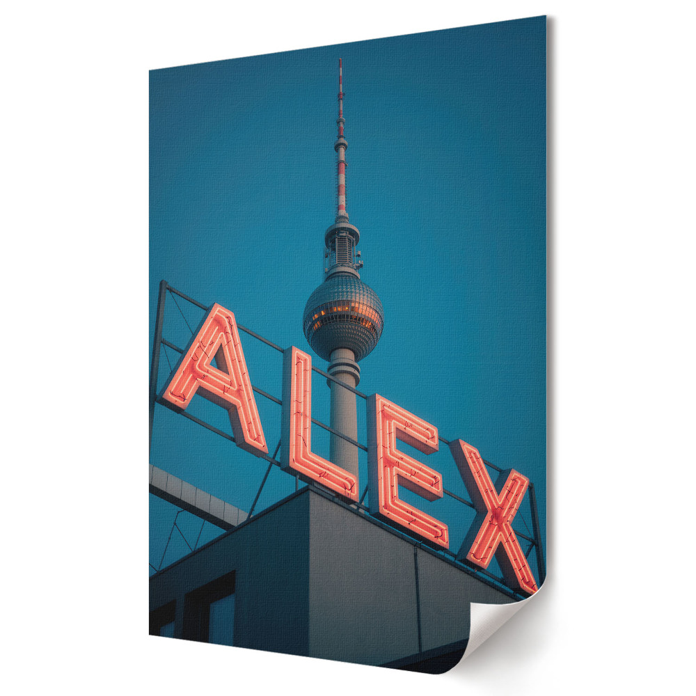 Moderní grafika na plátně Berlín: Neonový nápis a věž