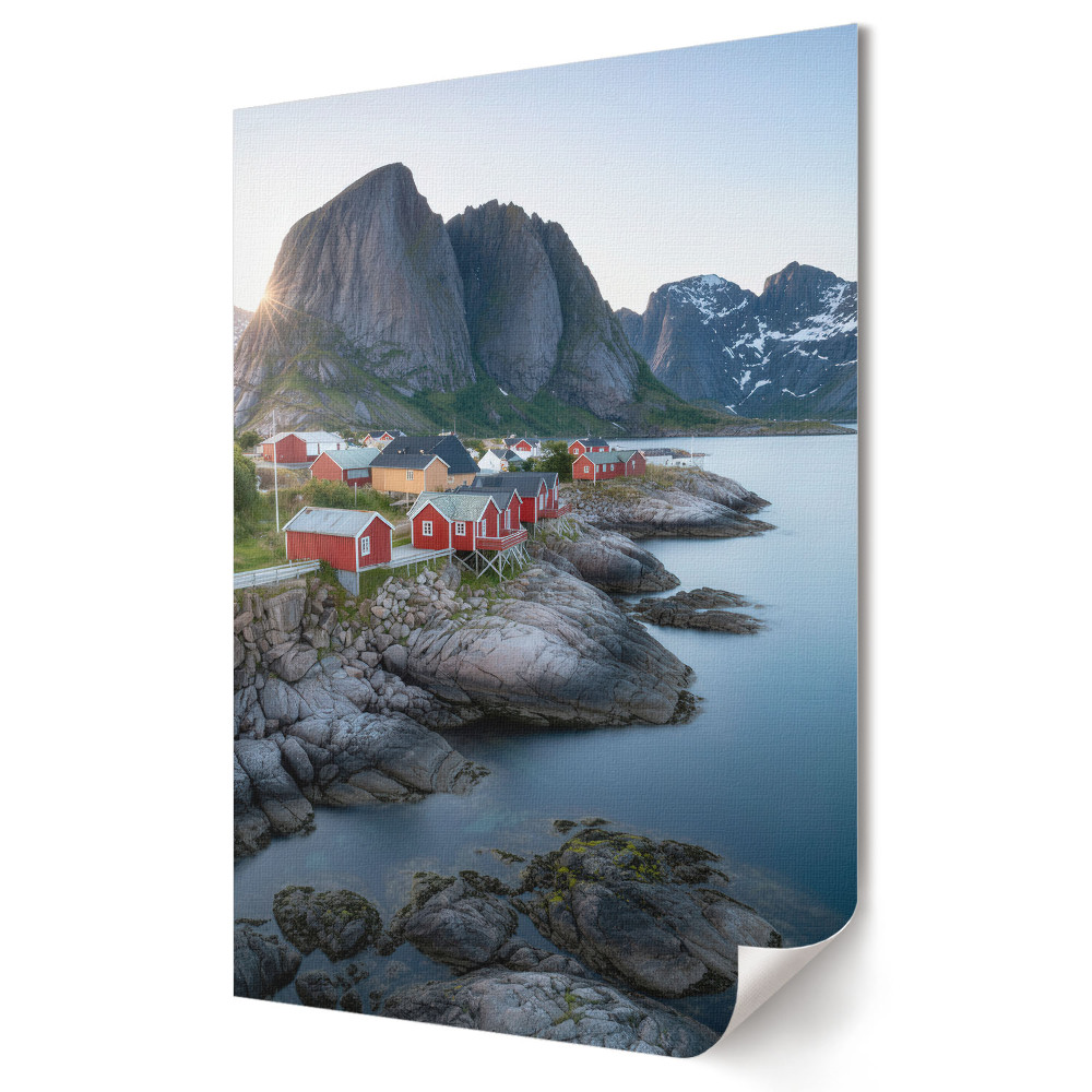 Moderní grafika na plátně Malebné chatky na norském fjordu