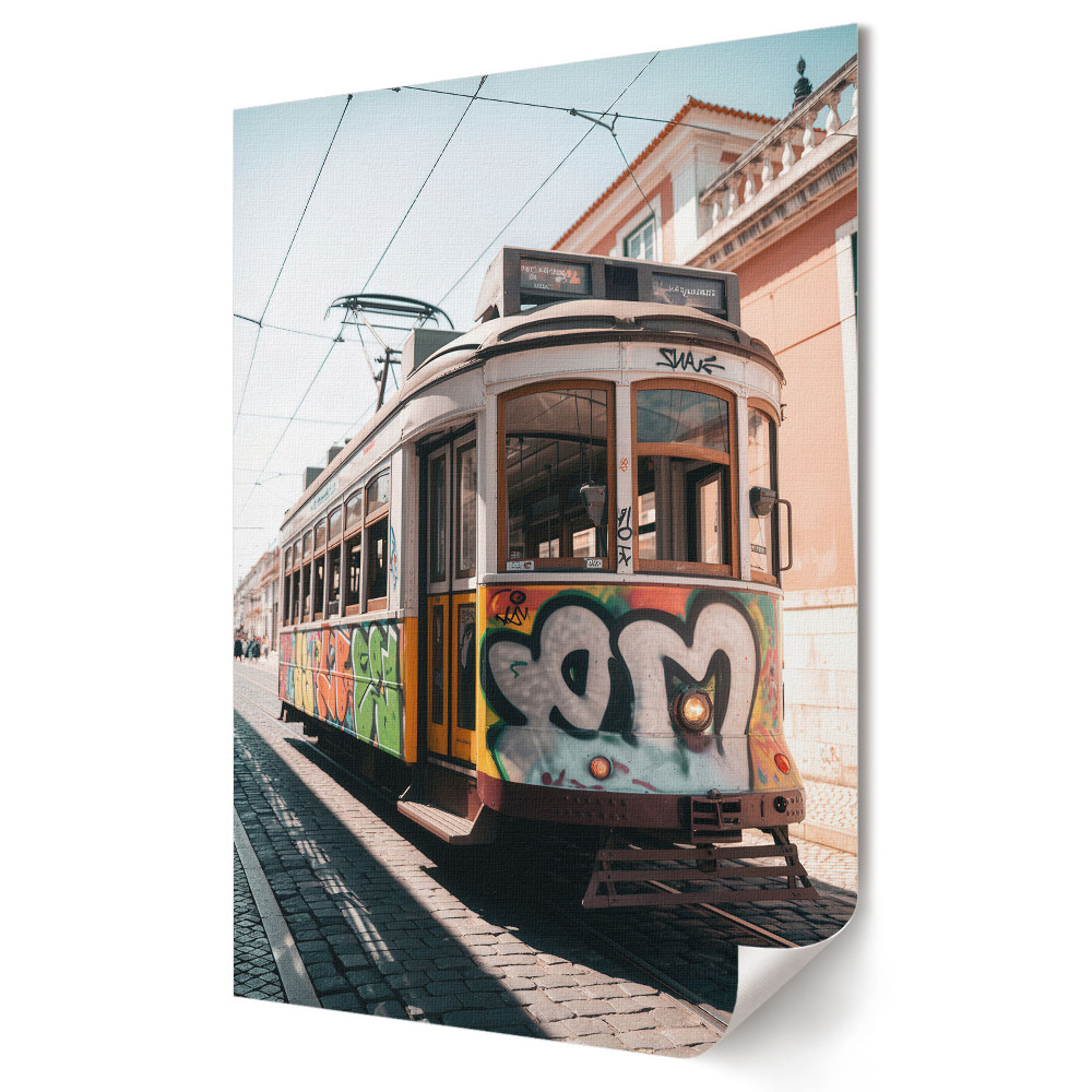 Nástěnná grafika na plátně Stylová tramvaj s graffiti ve městě