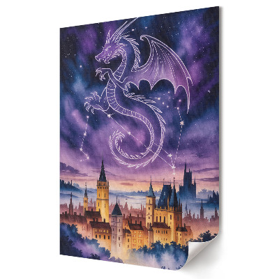 Nástěnná grafika na plátně Drak nad magickým městem v noci