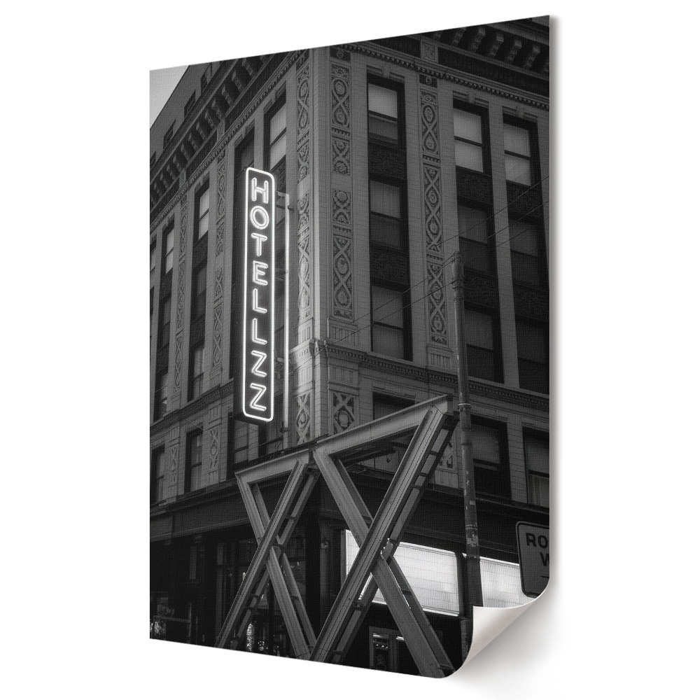 Moderní grafika na plátně Historický hotel v monochromatickém stylu