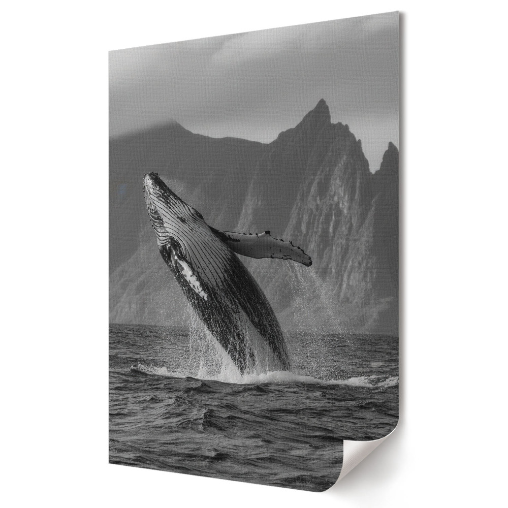 Moderní grafika na plátně Velryba skáče v monochromatické krajině