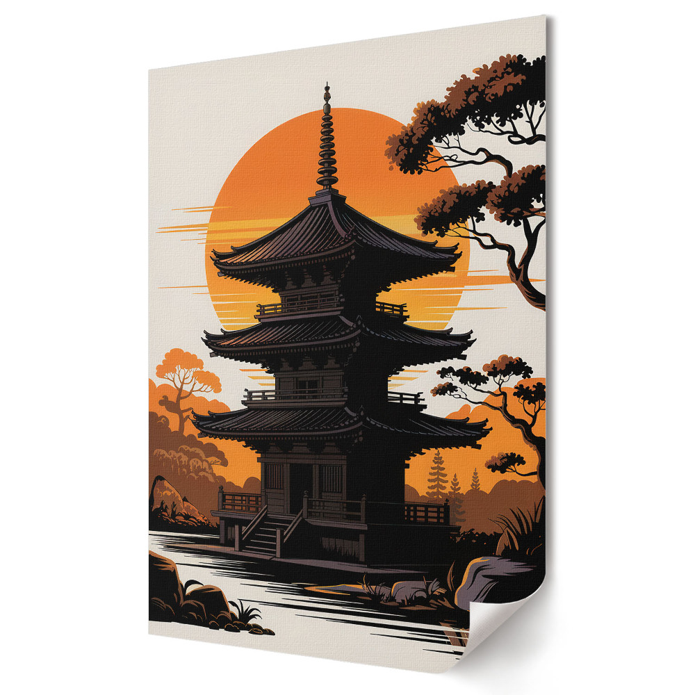 Nástěnná grafika na plátně Japonská pagoda v zapadajícím slunci