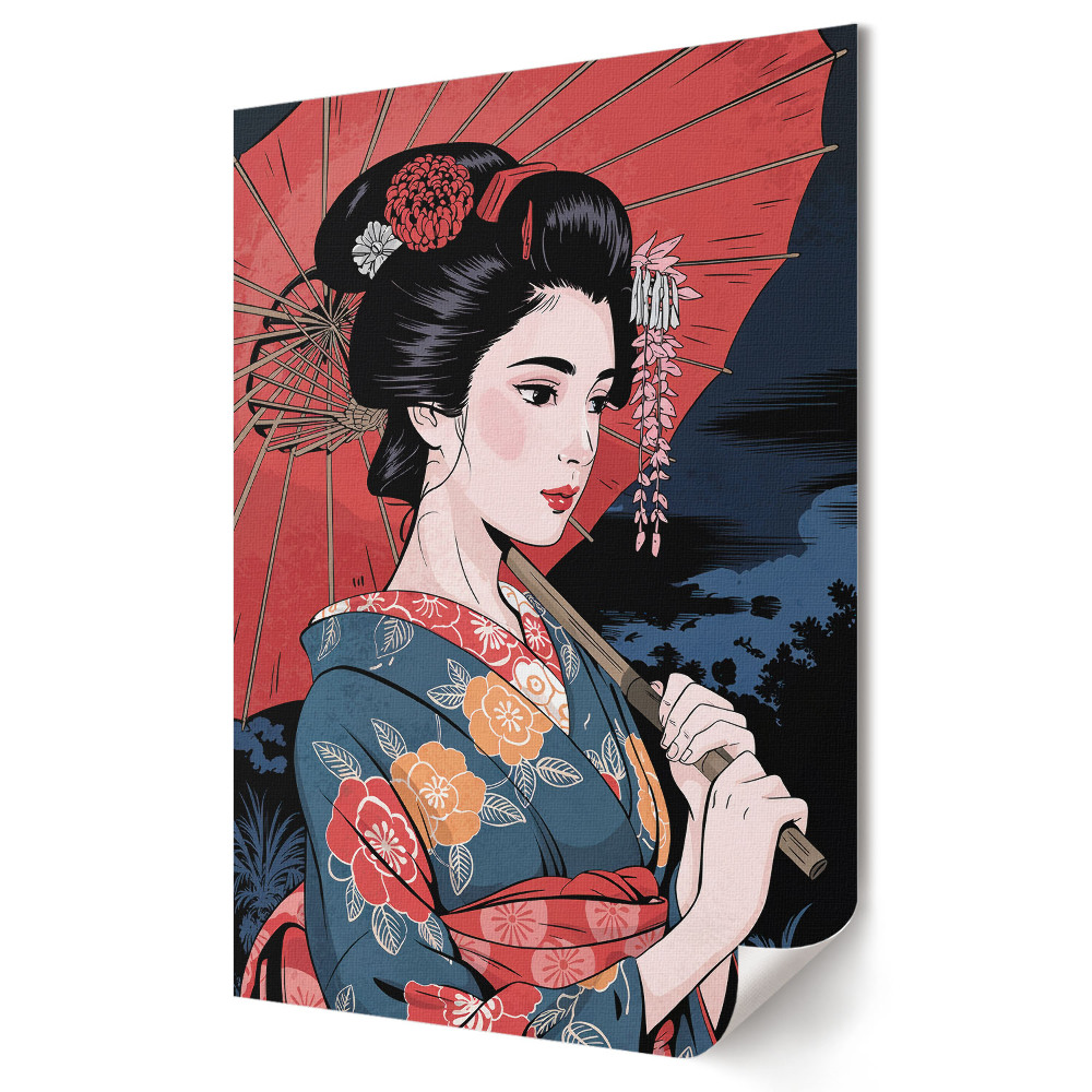 Moderní grafika na plátně Japonská kráska s deštníkem v noci