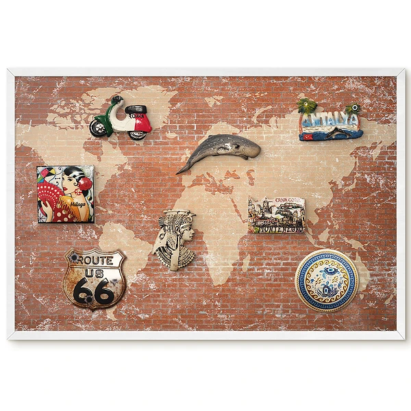Magnetická nástěnná tabule Svět mapa na cihlovém pozadí v bílém rámu