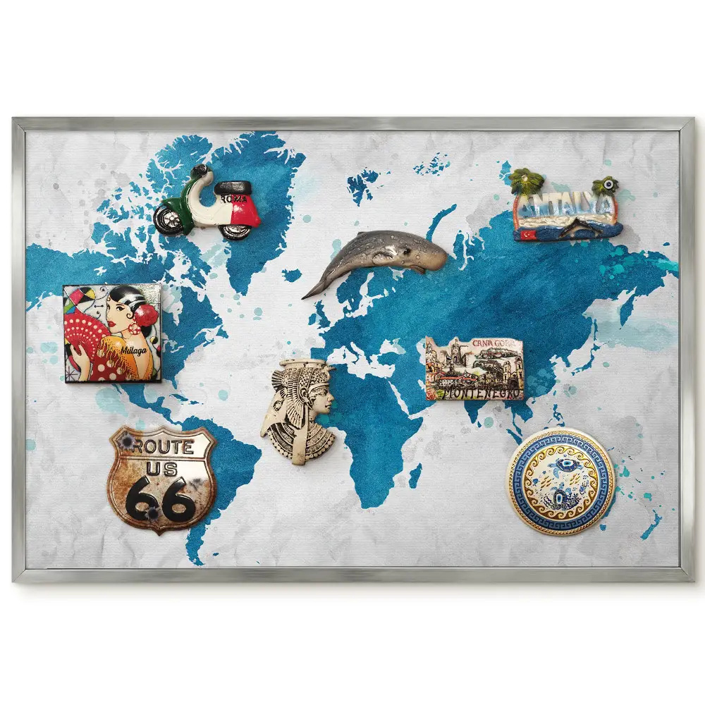 Magnetická tabule v rámu Akvarel mapa světa modré pozadí
