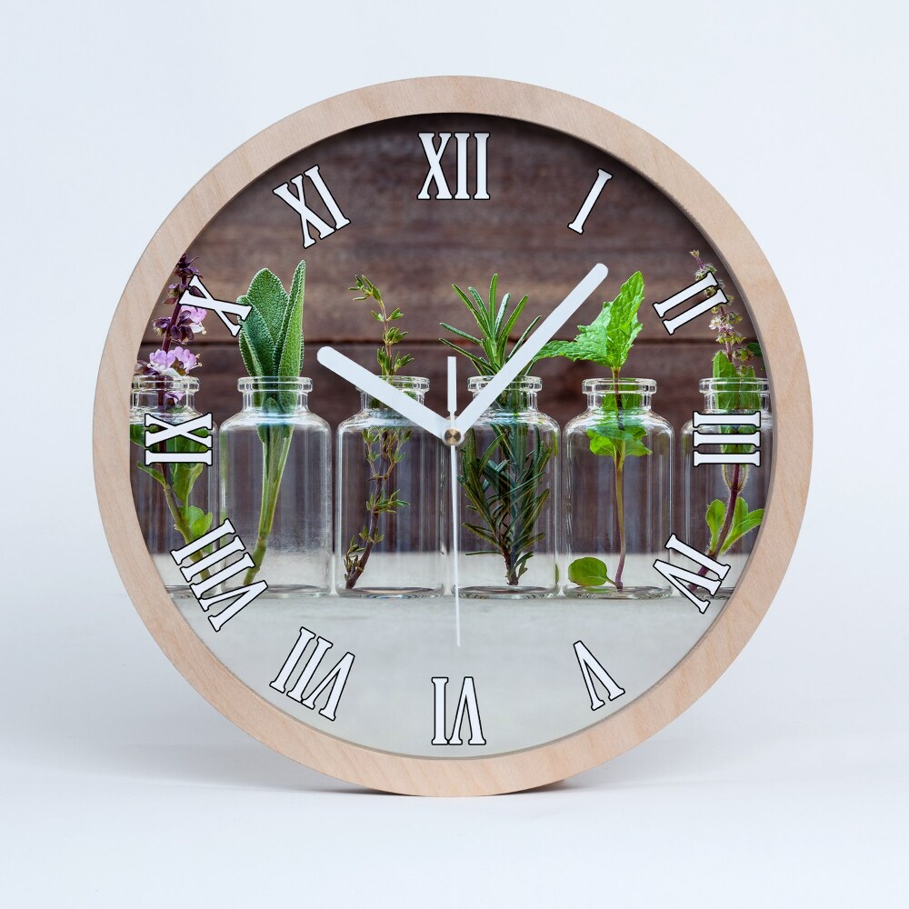 Dřevěné hodiny na stenu Rostliny ve sklenicích