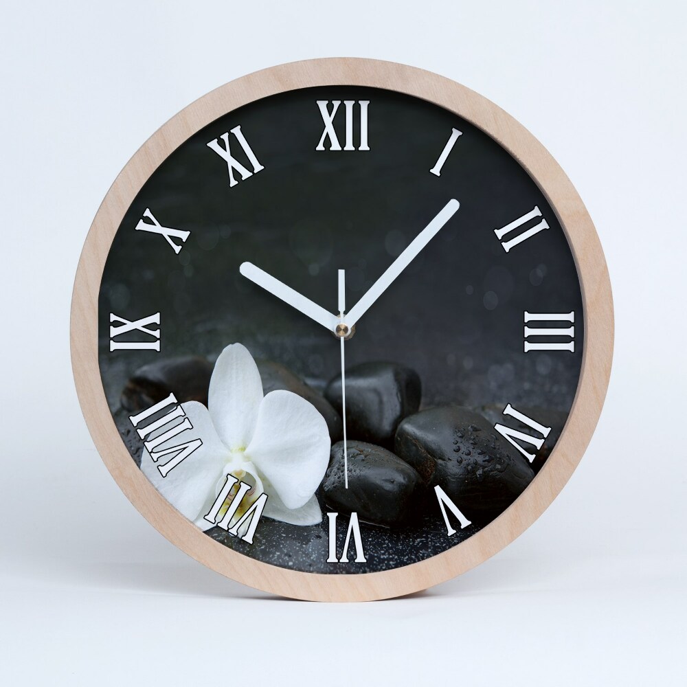Dřevěné hodiny s fotkou Orchidejové černé kameny