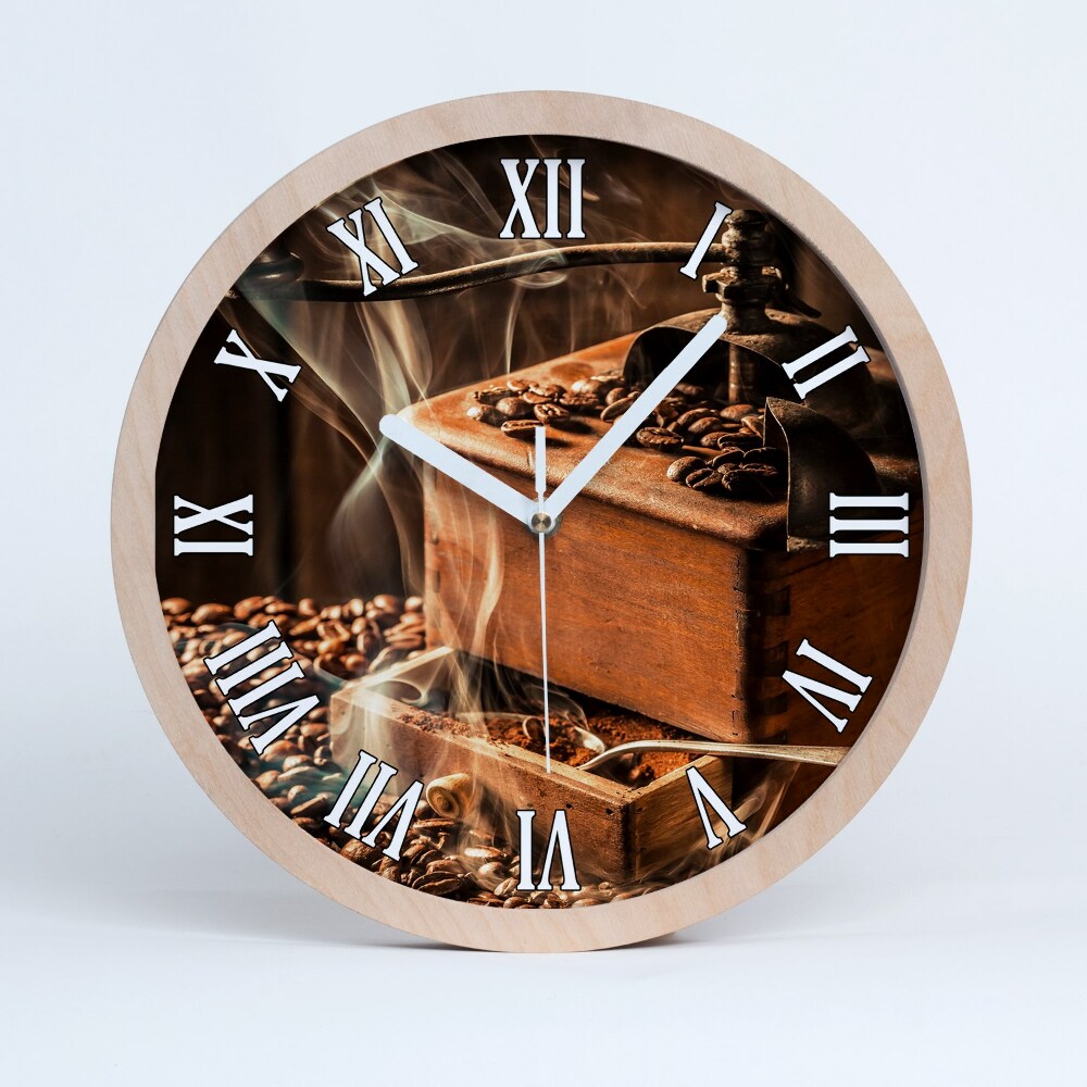 Dřevěné hodiny nástěnné Mlýnek na zrnkovou kávu