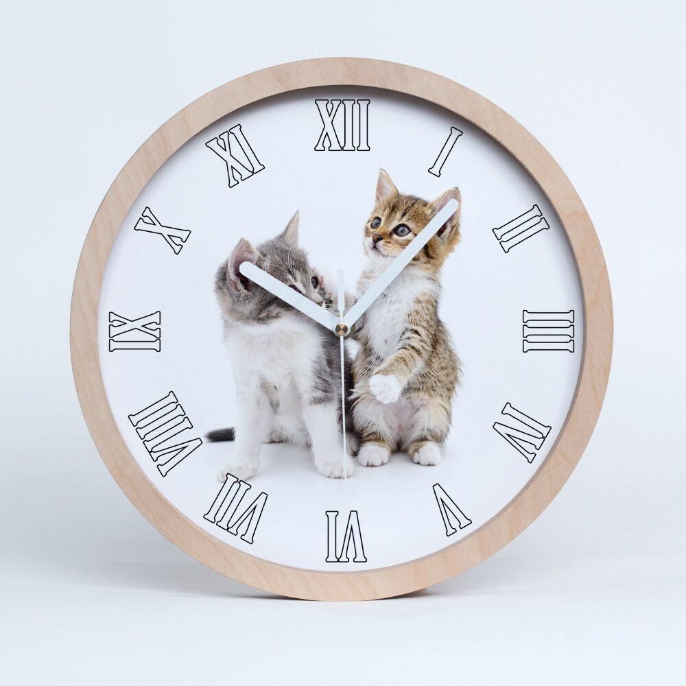 Dřevěné hodiny nástěnné Dvě malé kočky