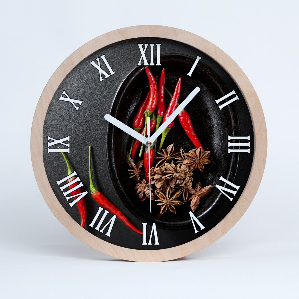 Nástěnné dřevěné hodiny Chilli papričky v misce