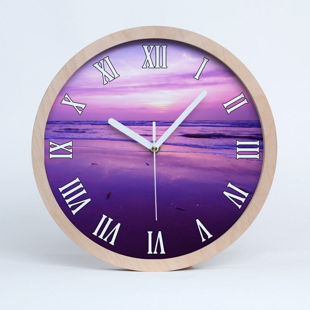 Dřevěné hodiny s fotkou Moře při západu slunce