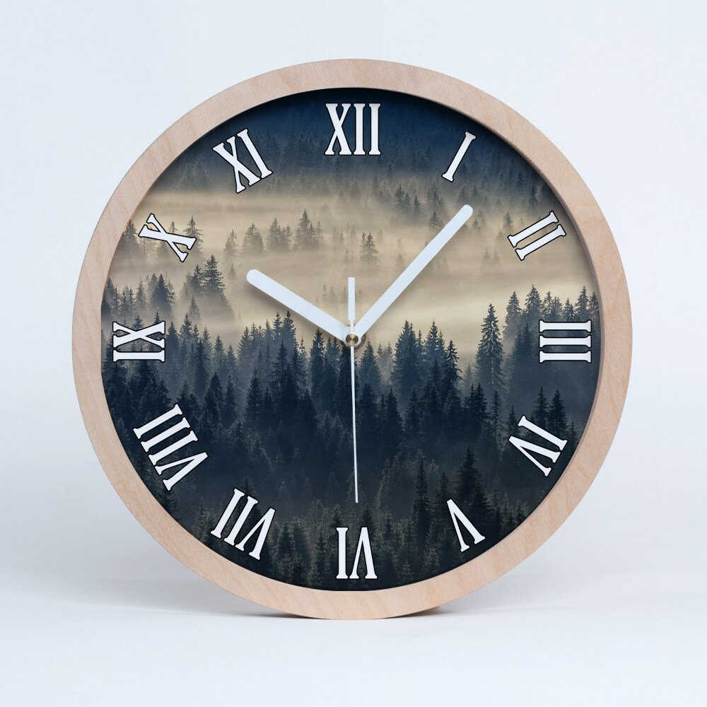 Dřevěné hodiny s fotkou Vrcholky stromů, mlha