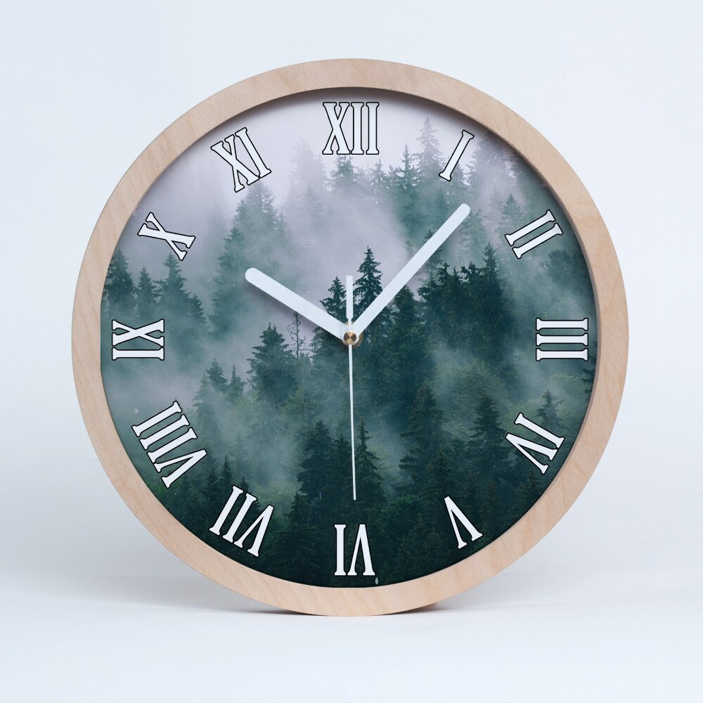 Dřevěné hodiny s fotkou Mlha nad lesem