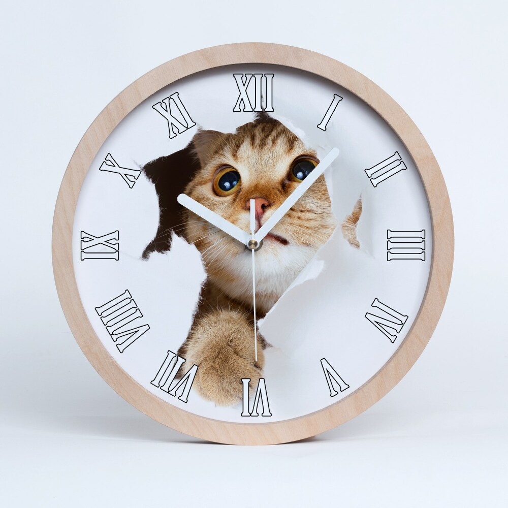 Okrúhle dřevěne hodiny Kočka v díře