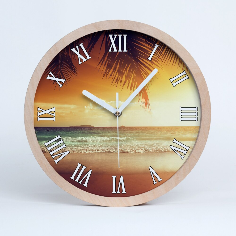 Nástěnné dřevěné hodiny Západ slunce na pláži