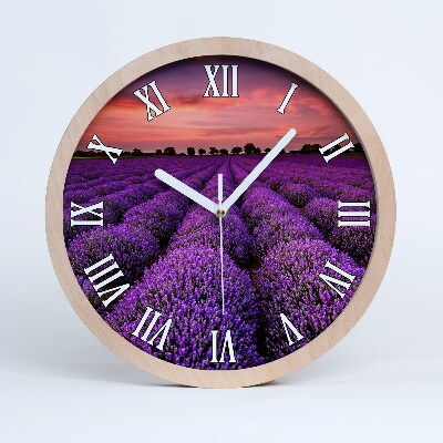 Dřevěné hodiny na stenu Pole levandulově růžové oblohy