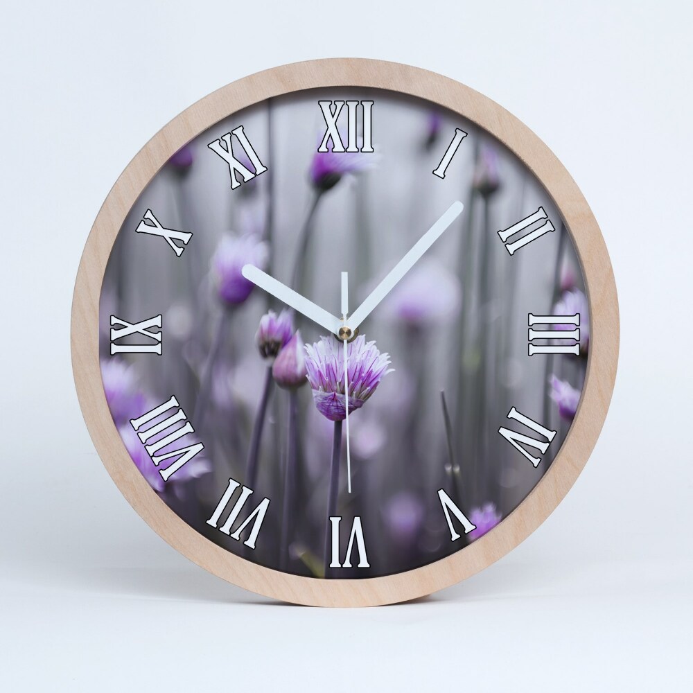 Dřevěné hodiny s fotkou Květy pažitky