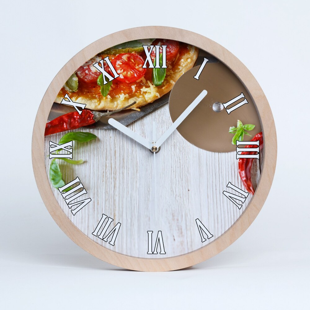 Nástěnné dřevěné hodiny Pizza