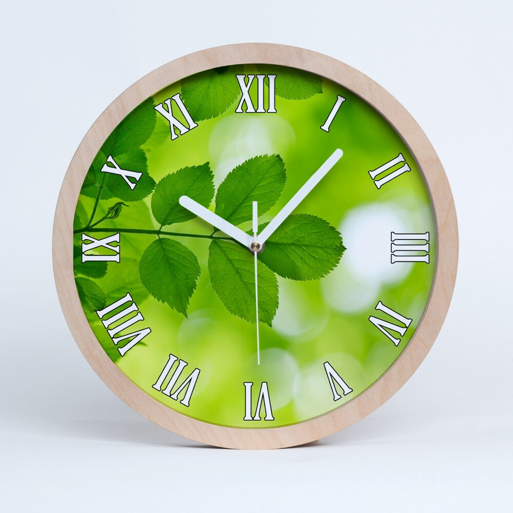 Dřevěné hodiny nástěnné Zelené listy