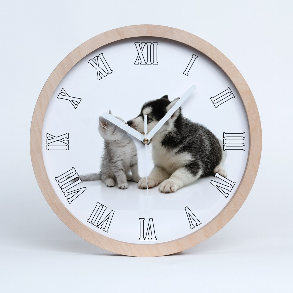 Nástěnné dřevěné hodiny Pes a kočka