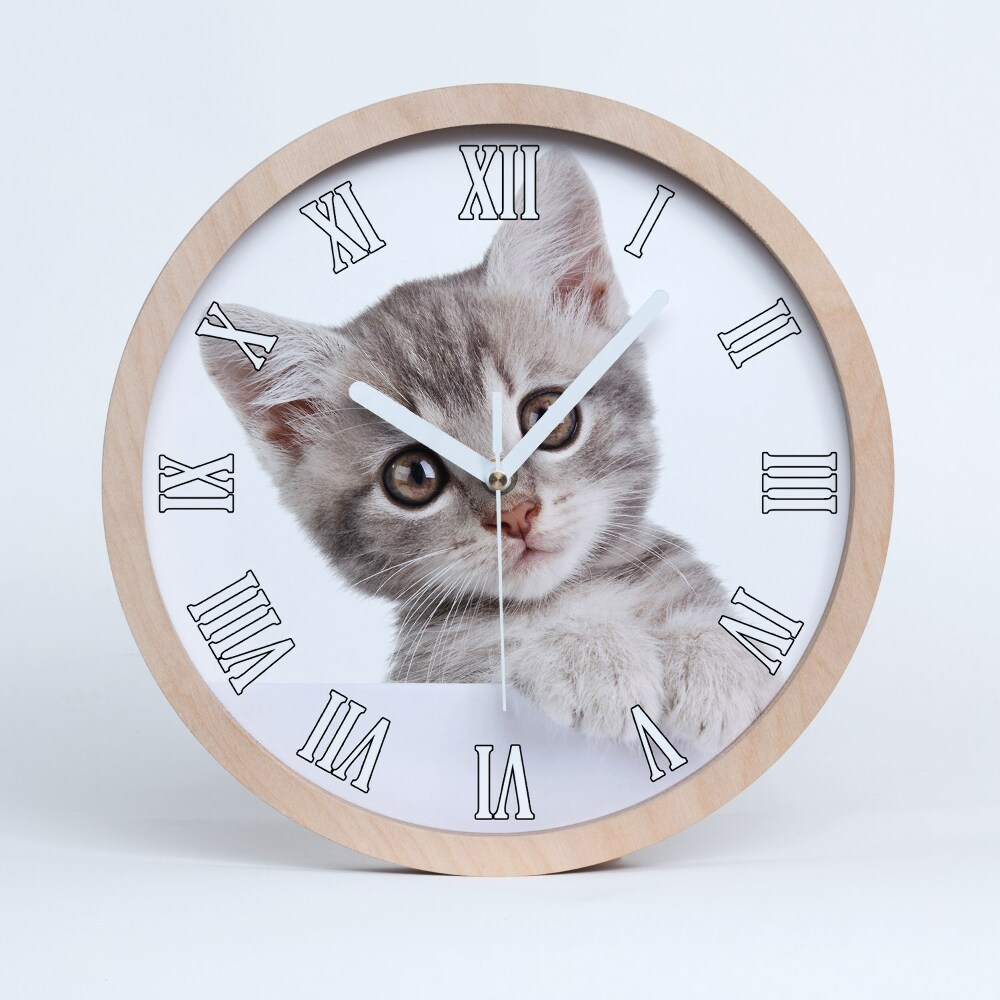 Dřevěné hodiny s fotkou Šedá kočka