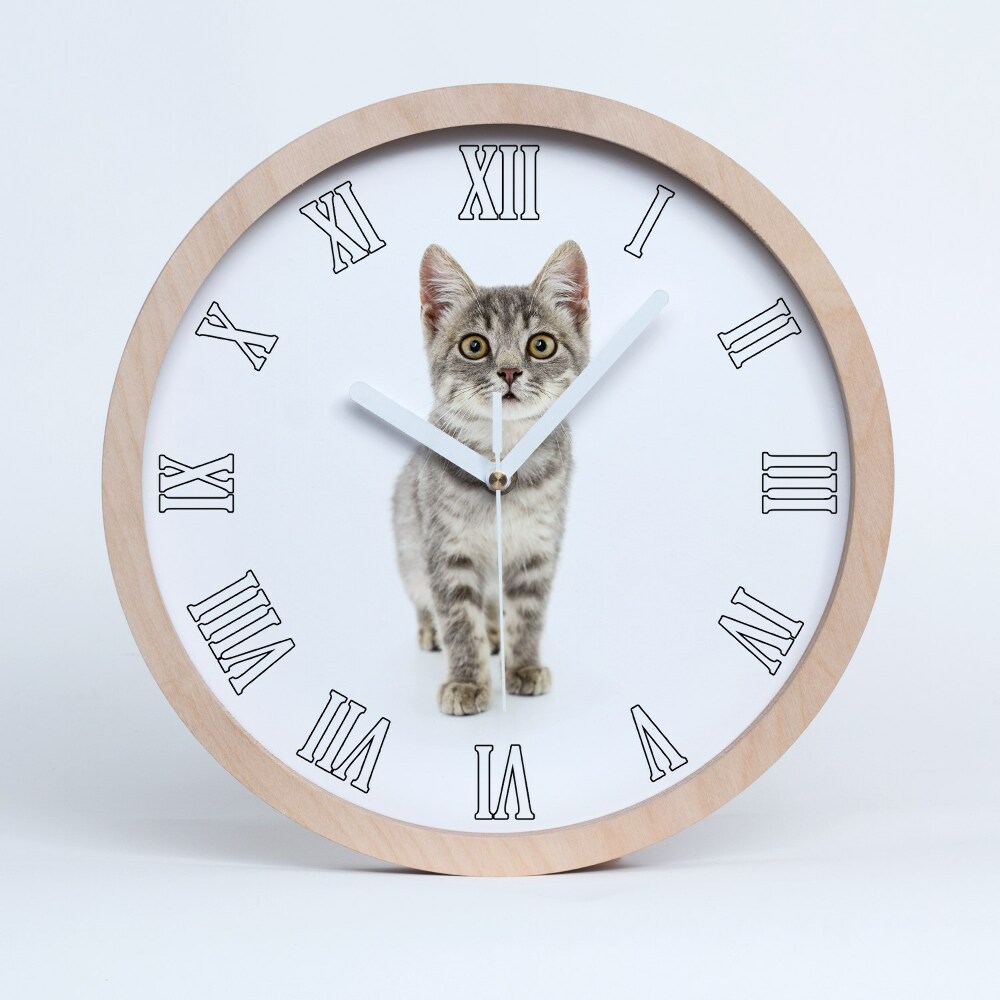 Dřevěné hodiny nástěnné Šedá kočka