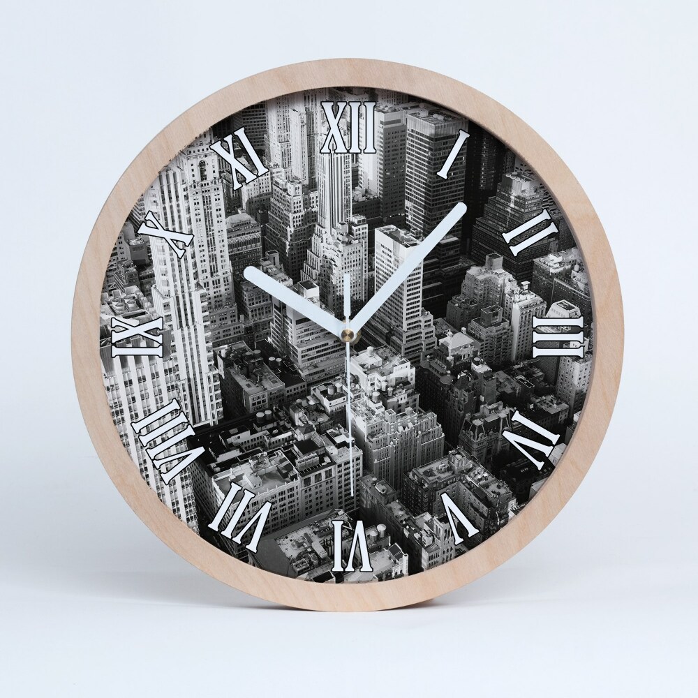 Dřevěné hodiny s fotkou New York z ptačí perspektivy