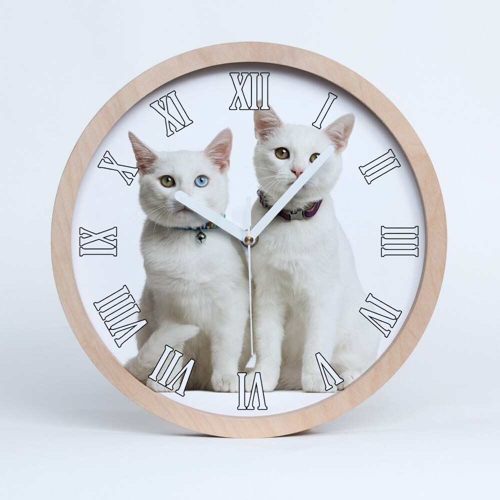 Okrúhle dřevěne hodiny Bílé kočky