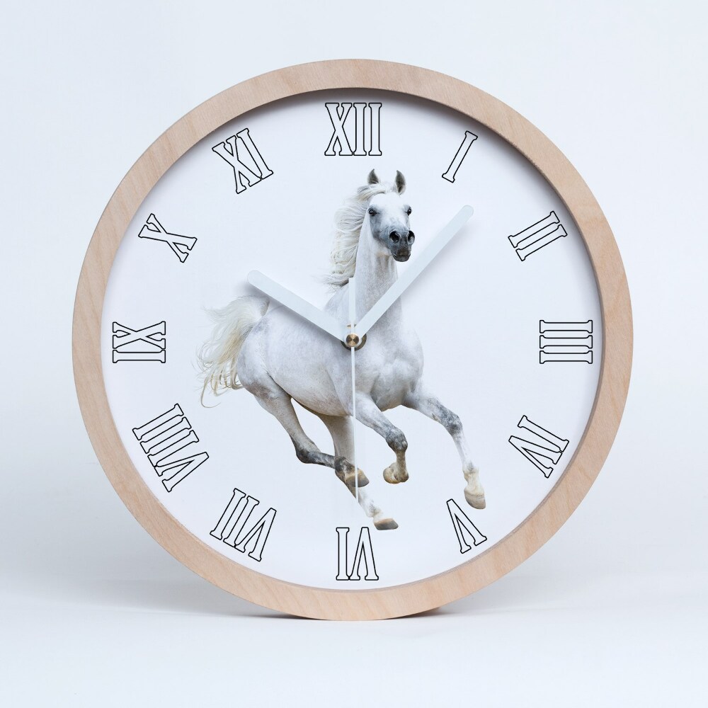 Dřevěné hodiny na stenu Bílý arabský kůň