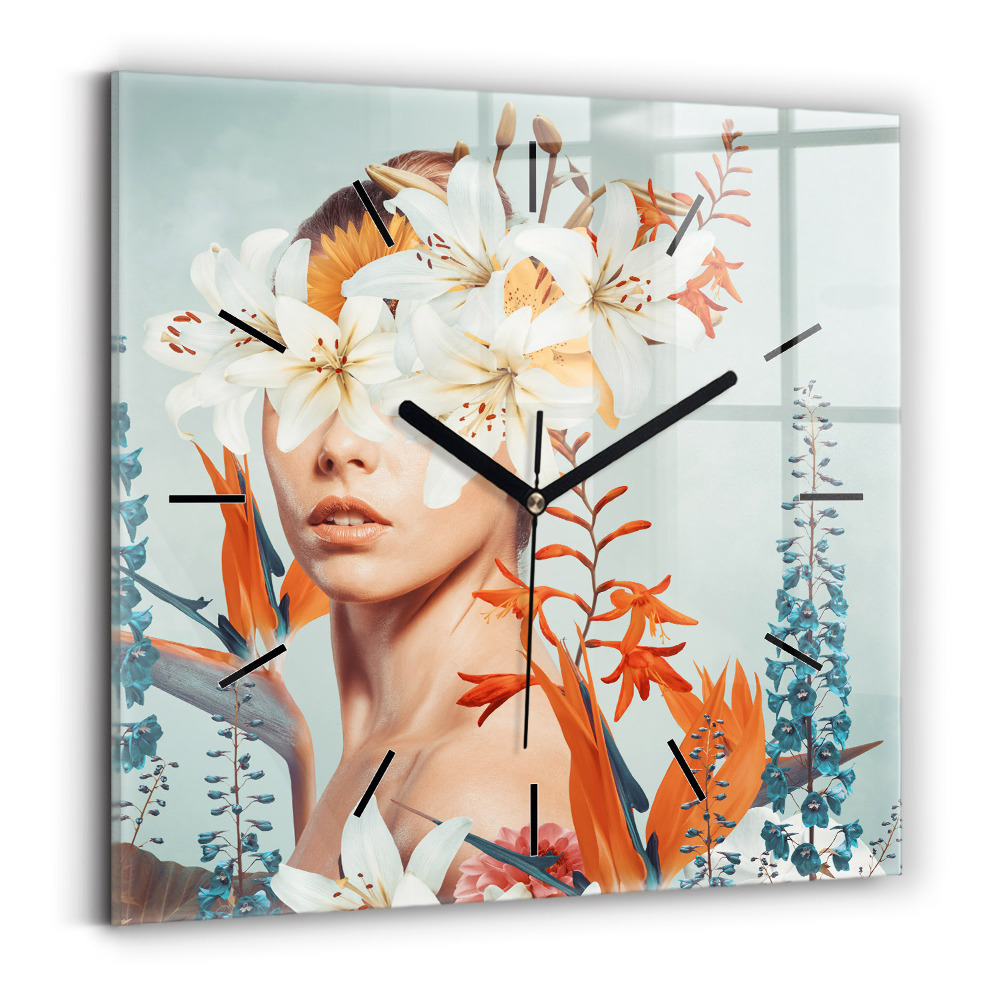 Skleněné hodiny nástěnné čtvercový Žena s květinami