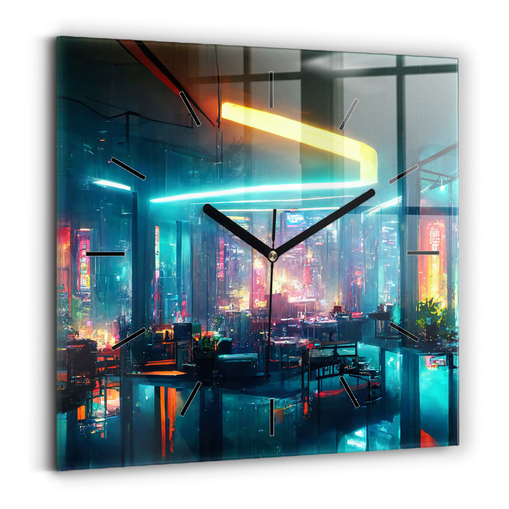Nástěnné hodiny skleněné čtvercový Město v kyberpunkovém stylu