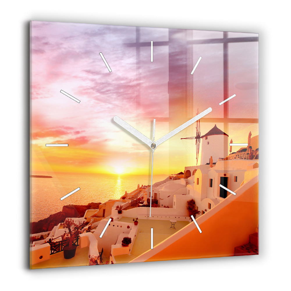 Skleněné hodiny na zed čtvercový Starý větrný mlýn na Santorini