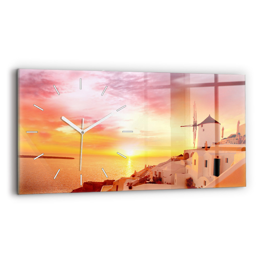 Horizontální nástěnné hodiny Starý větrný mlýn na Santorini