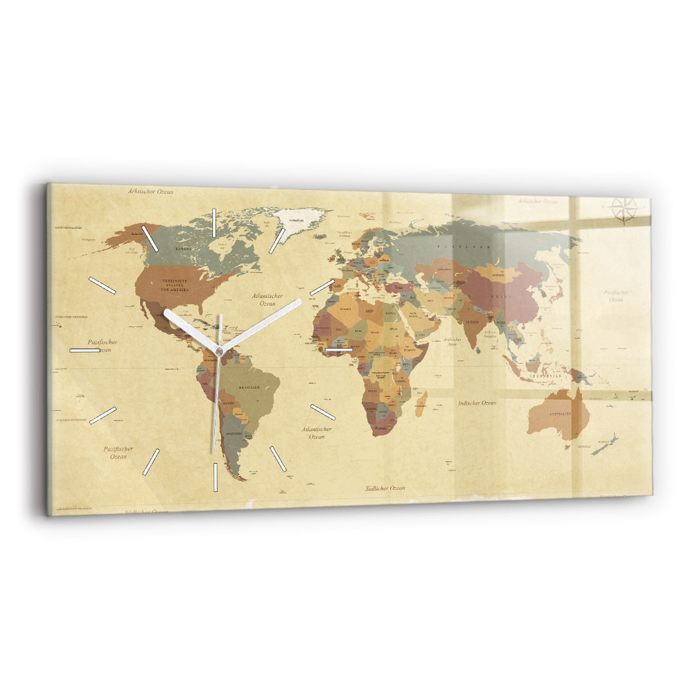 Horizontální nástěnné hodiny Mapa světa ve vintage stylu