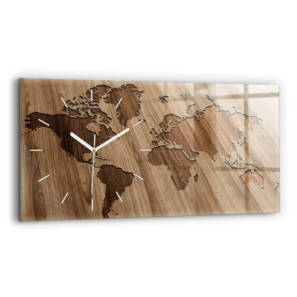 Horizontální nástěnné hodiny Mapa světa na dřevě