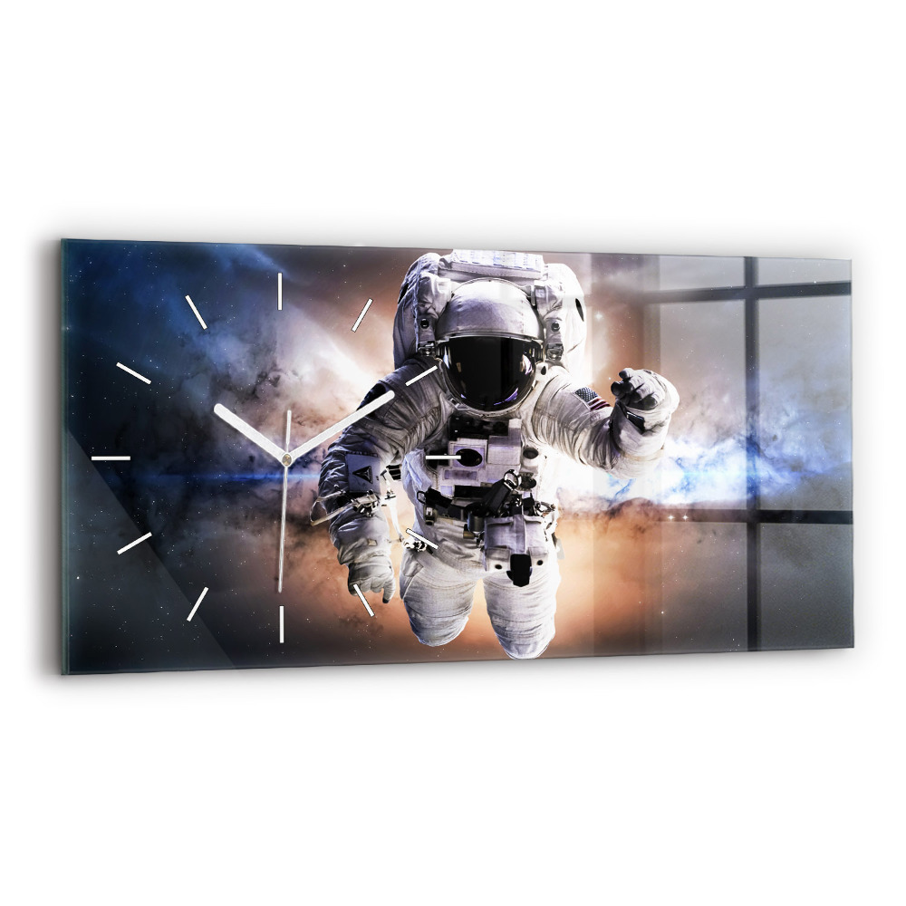 Horizontální skleněné hodiny nástěnné Astronaut ve vesmíru