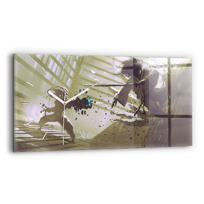 Horizontální skleněné hodiny nástěnné Boj mezi robotem a samurajem