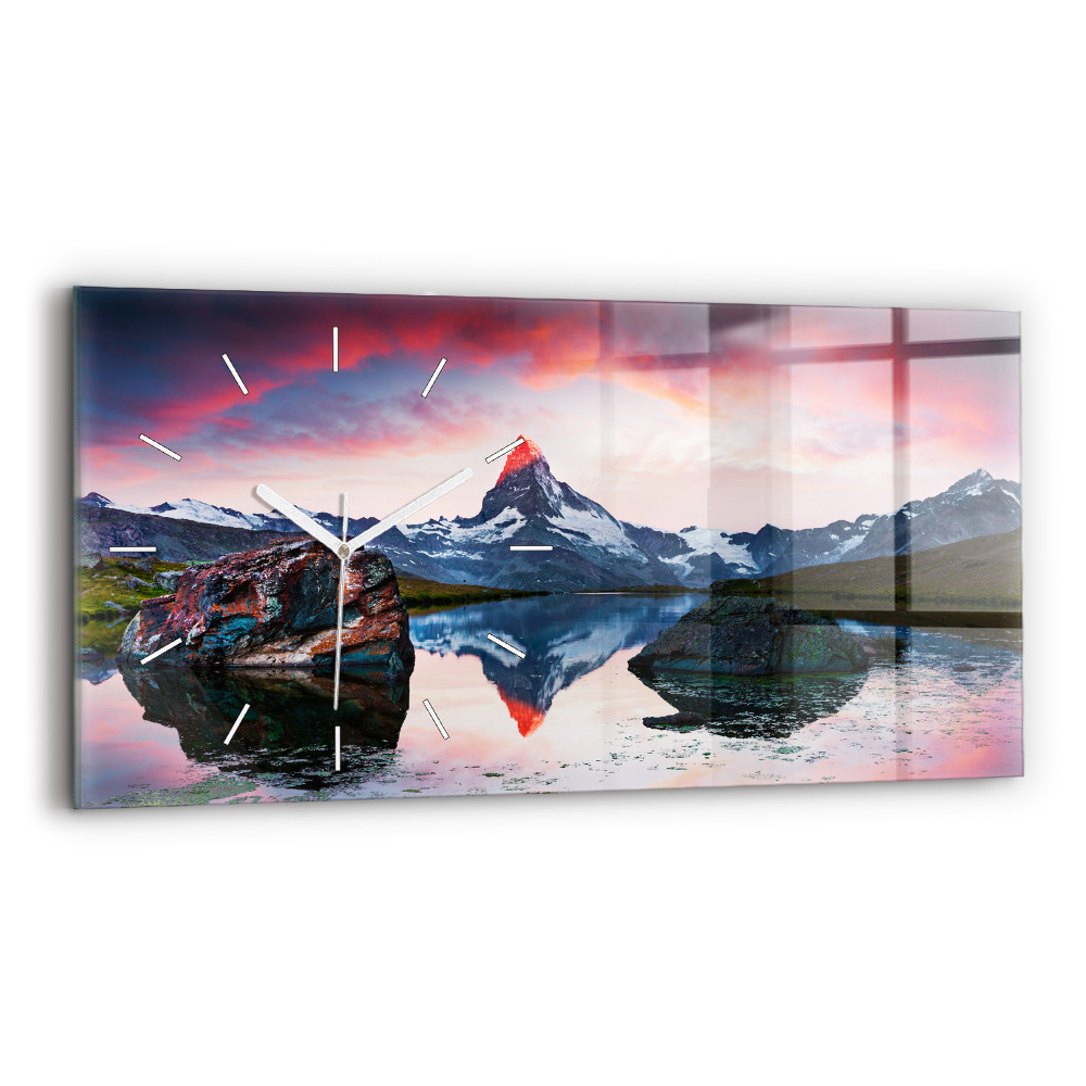 Horizontální skleněné hodiny nástěnné Jezero Stellisee Matterhorn